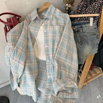 Women Vintage Long Sleeve Plaid Loose Niche Design Out Shirt