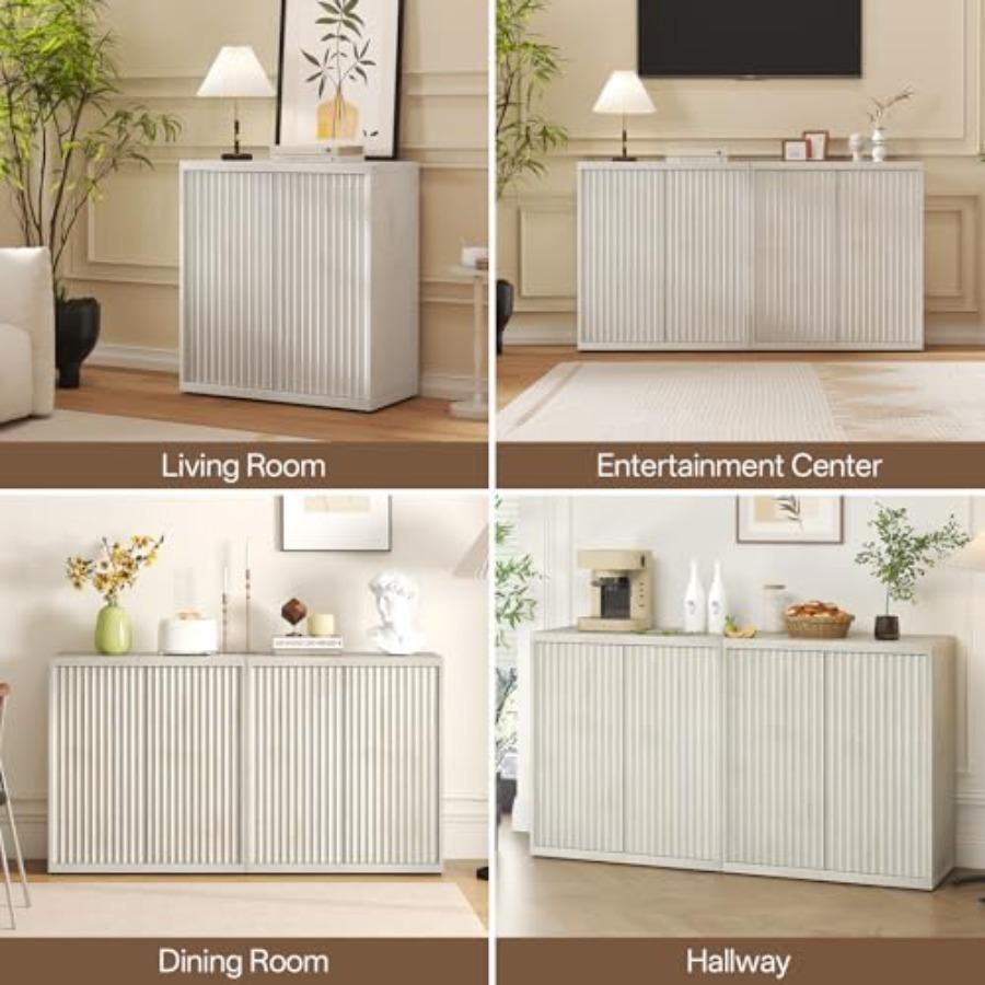 31 Sideboard Cabinet with Storage Fluted Accent Cabinet with Adjustable Shelves Modern Wood Credenza Cabinets with Pop-up Doors