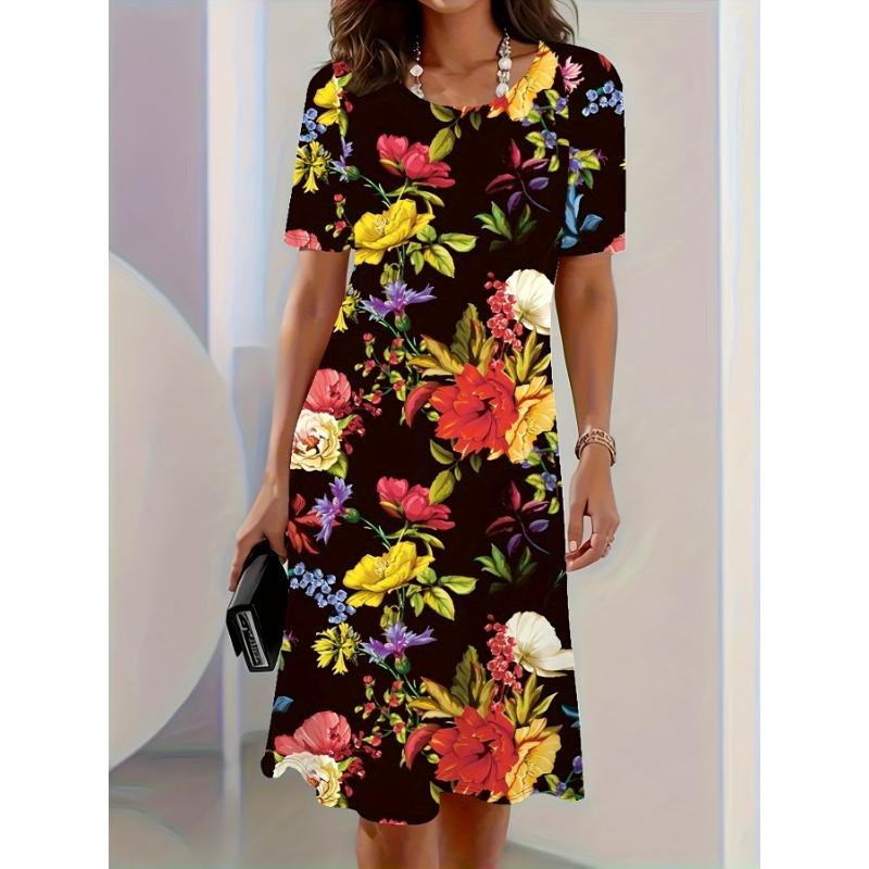 Plus Size, Plus Size Floral Digital Print Vacation Women's Round Neck Dress