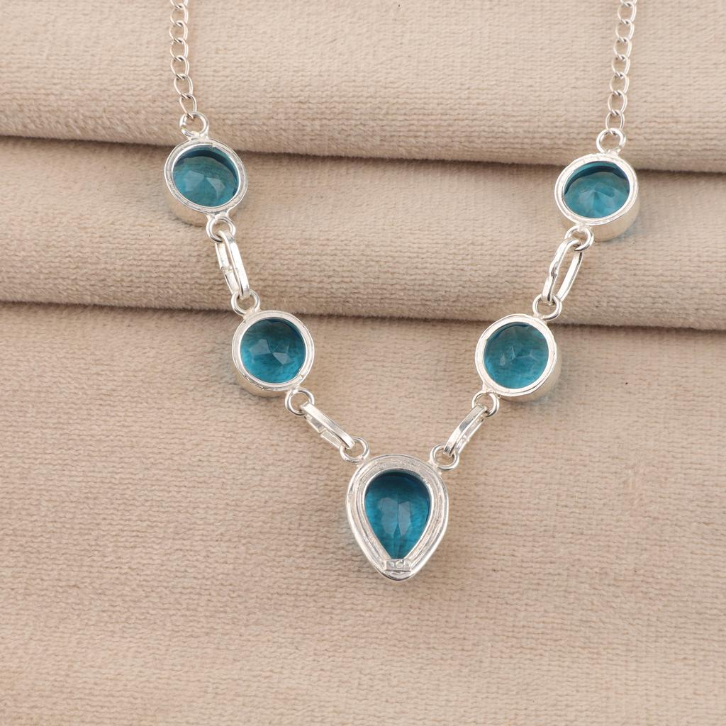 Naturlig Schweizisk Blå Topas Ädelsten Silverhalsband 925 Sterling Silver Handgjort Halsband 16-18' För Henne RN-3-12