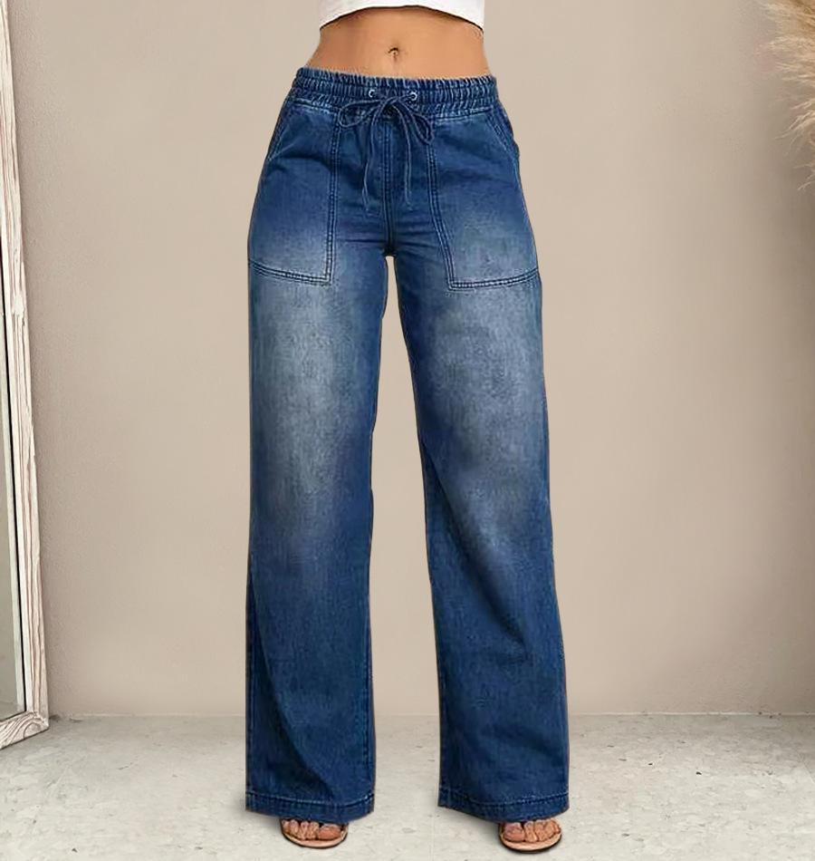 Autumn New Style Women's Denim Long Pants with Drawstring Elastic Waist Straight Leg Fashionable Wide-leg Jeans