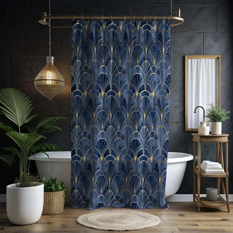 Geometric Shower Curtain - Gold Modern Abstract, Navy Blue, Art Deco Design, Home Decor, Ideal Housewarming Gift