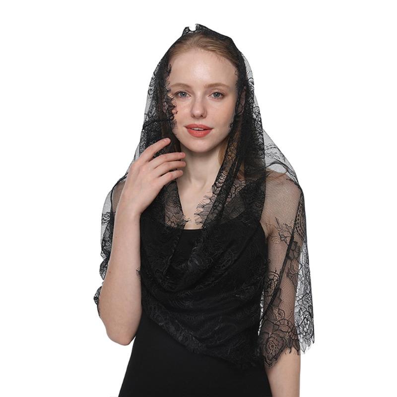 

Lace Shawl Mantilla Veil Lightweight Tassel Scarf Fashion Floral Shawls and Wraps for Women Latin Mass Veil for Bride 1 чёрный