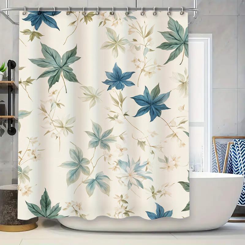 

Delightful Floral Shower Curtain Green Leaves Blue Flowers Print Water Repellent Fabric For Bathroom Decor In White/Beige/Green W60H190(CM)-1 Pcs