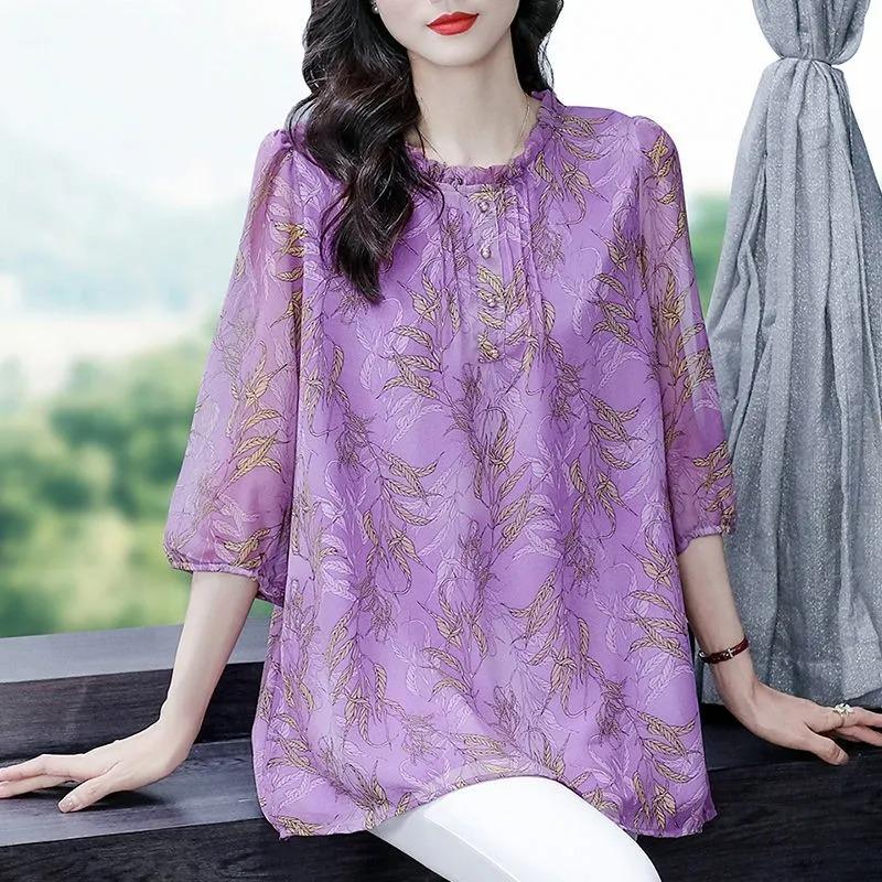 Summer Chiffon Shirt for Middle-aged and Elderly People Loose and Fat Plus Thin Three-quarter Sleeve Top