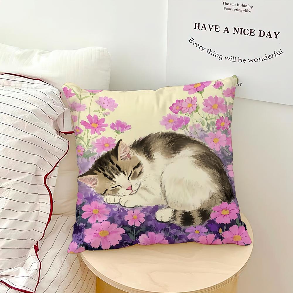 Fashion Cute Kitten Kawaii Cat Flower Cushion Cover Soft Pillow Case for Sofa Living Room Home Office Decor Protective Covers