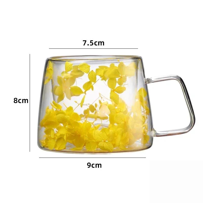 200ml Double Wall Coffee Mug with Handles Transparent Flowers Clear Milk Cups Fill Artificial Simulation Drinkware Glass for Bar