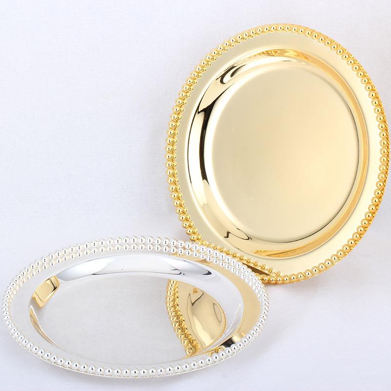 Round Nut Plates For Home Christmas Ornament Luxury Silver Gold Metal Tray Sweet Cake 25 Cm 9.8" Premium Aaaaaa