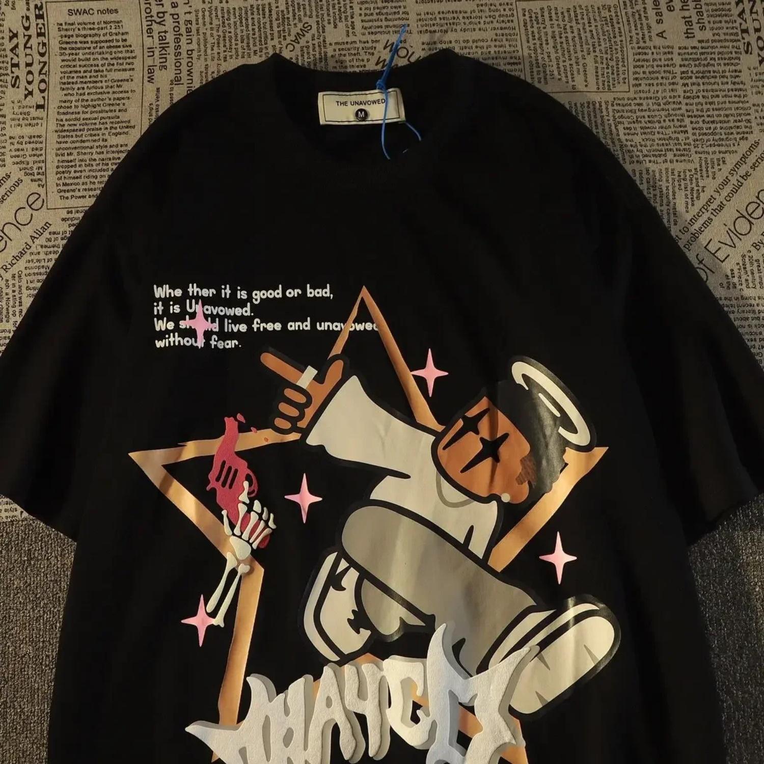 

American Retro Street Cartoon Graphic T-shirt for Men and Women Summer Loose Hip Hop Casual Couple Short Sleeve Top men clothing S чёрный