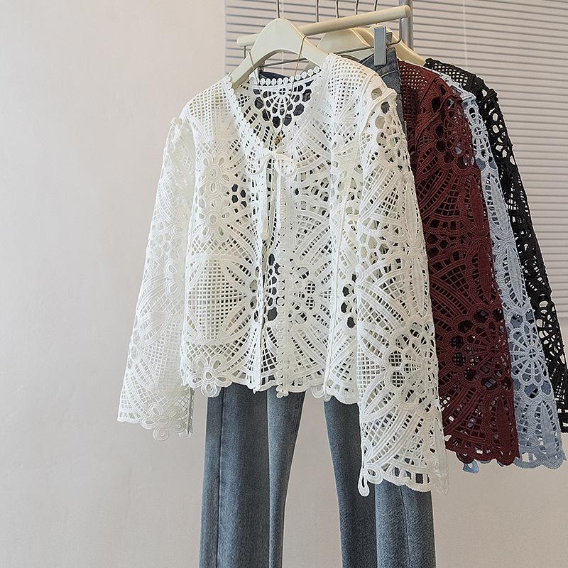 Korean Style Plus Size Embroidered V-Neck Lace Top - Autumn Women's Loose Long-Sleeve