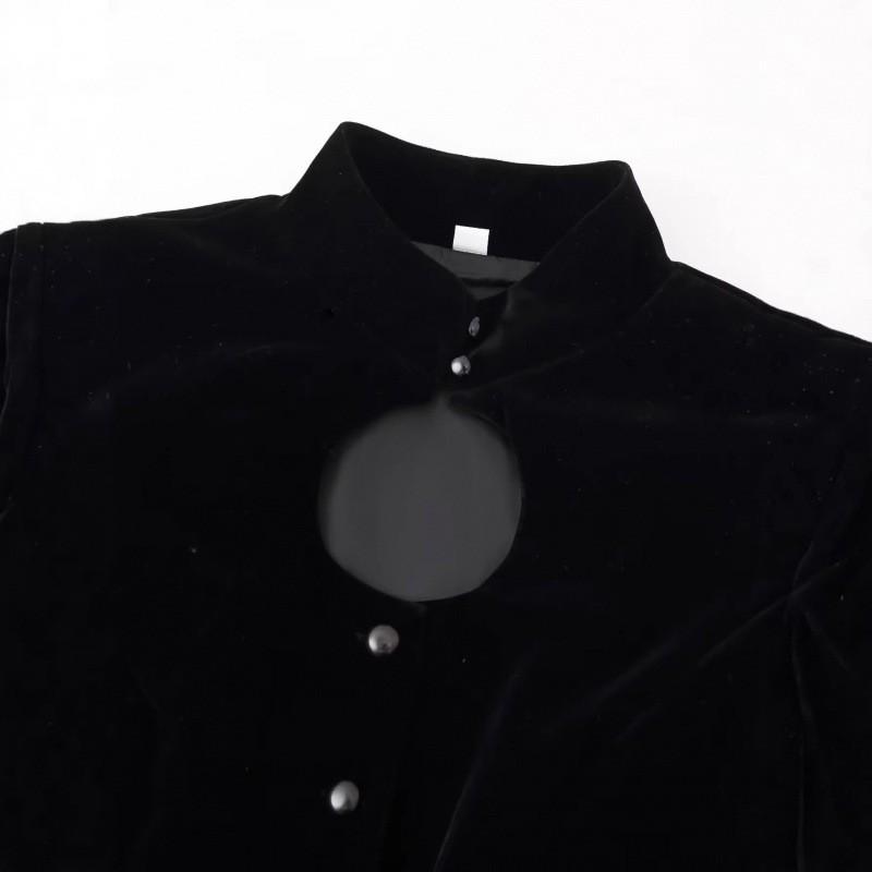 Womens Elegant Velvet Long Sleeve Blazer With Cutout Neckline Puffed Stand Collar Slim Fit 2026
