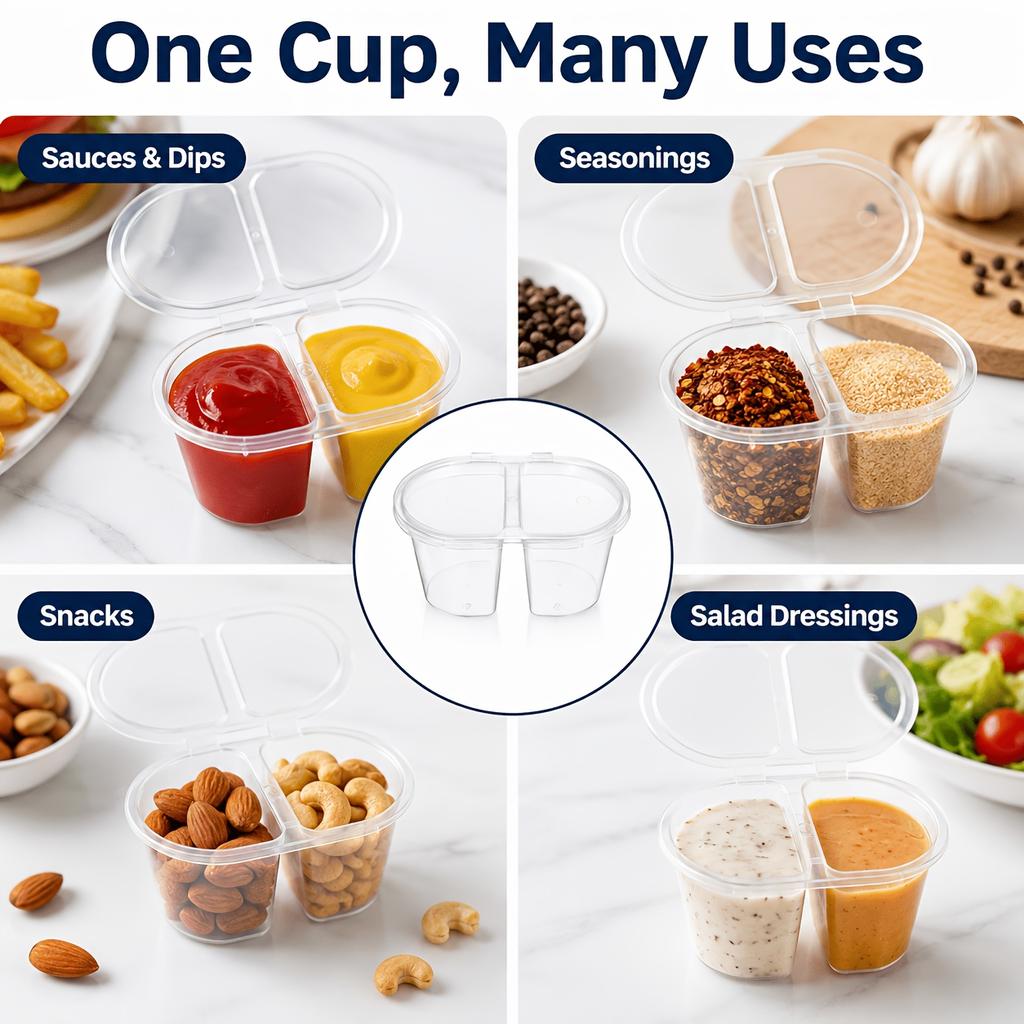 50/100Pcs Disposable Plastic Sauce Cups With Hinged Lids Dual Compartment Portion Cups Leakproof Takeout Condiment Salad Dressing Containers