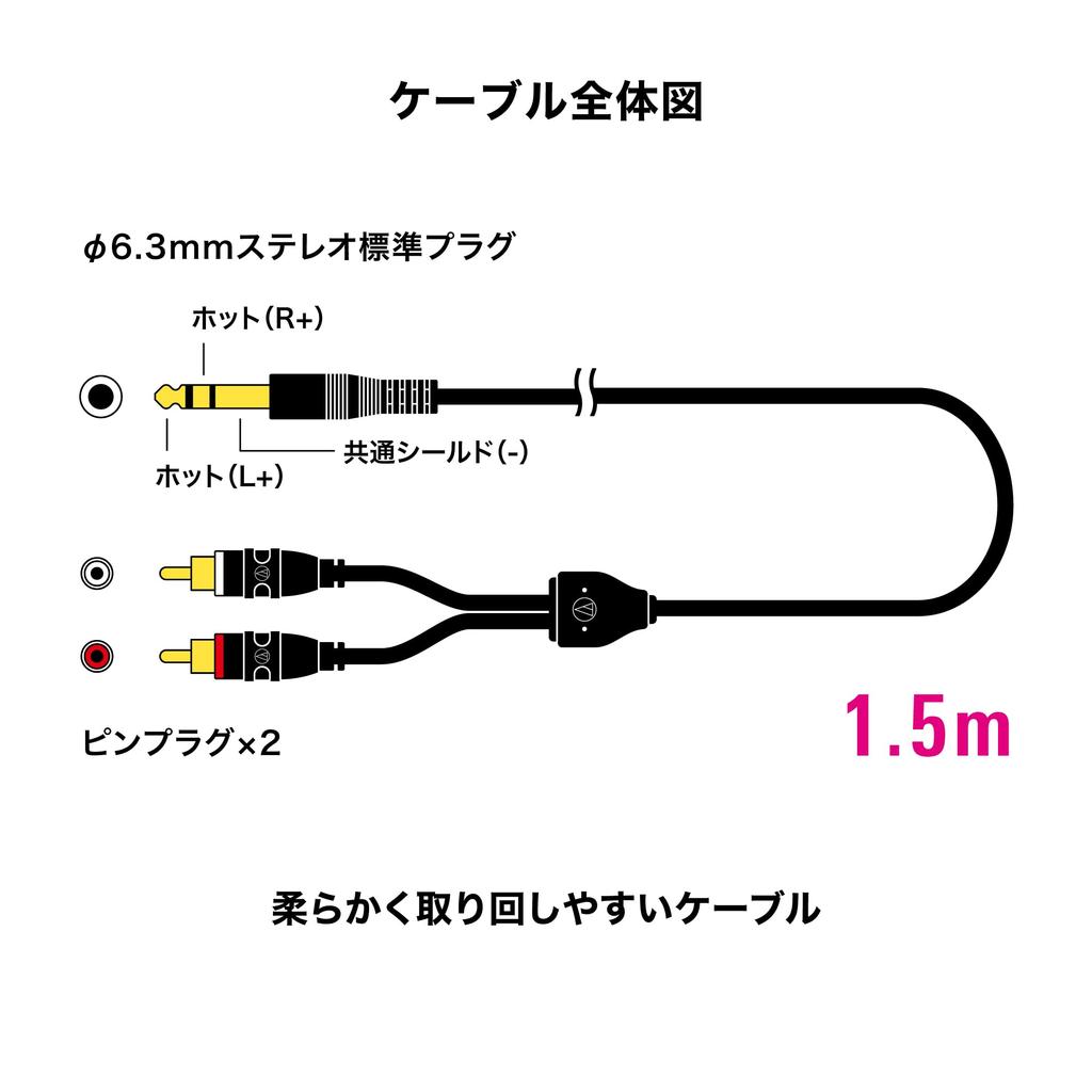 RCA Cable Stereo Standard Plug To Two Pin for Digital and Audio Stereo Conversion Cable Audio-Technica (6.3mm Plugs), 1.5m, Pianos, Mixers,