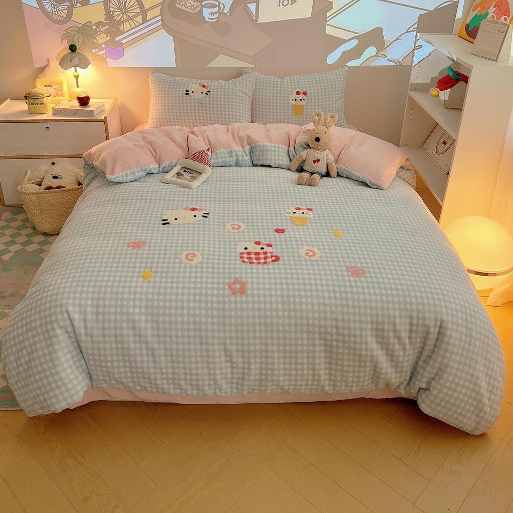 Thickened Milk Fleece Towel Embroidery Four-Piece Set 1.2M Bed Sheet Three-Piece Set, Gingerbread Small