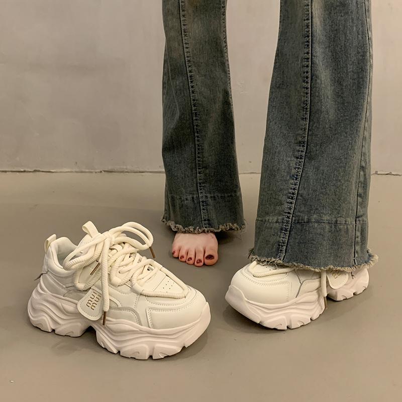 2025 High Platform Sneakers Women Leather Dad Shoes Women Black Chunky Sneakers Thick Sole Shoes Fashion Height Increasing Shoes