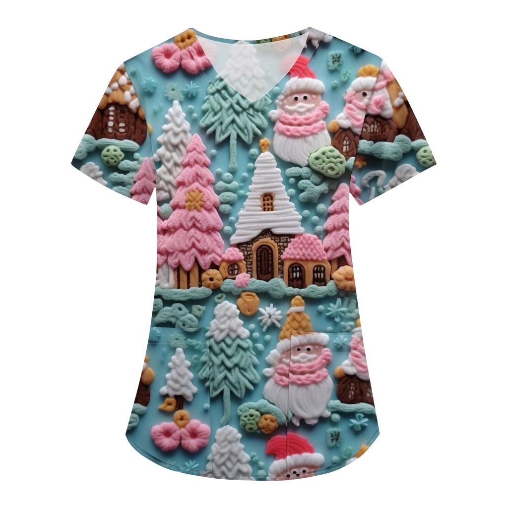 Women's Christmas Print Loose V-Neck Pocket Short-Sleeved Uniform