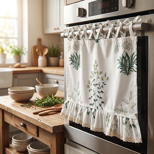 1PC NAPEARL Retro Green Plant Flower Oven Skirt, Lotus Leaf Lace Edge Decorative Oven Door Curtain for Kitchen Home Decor