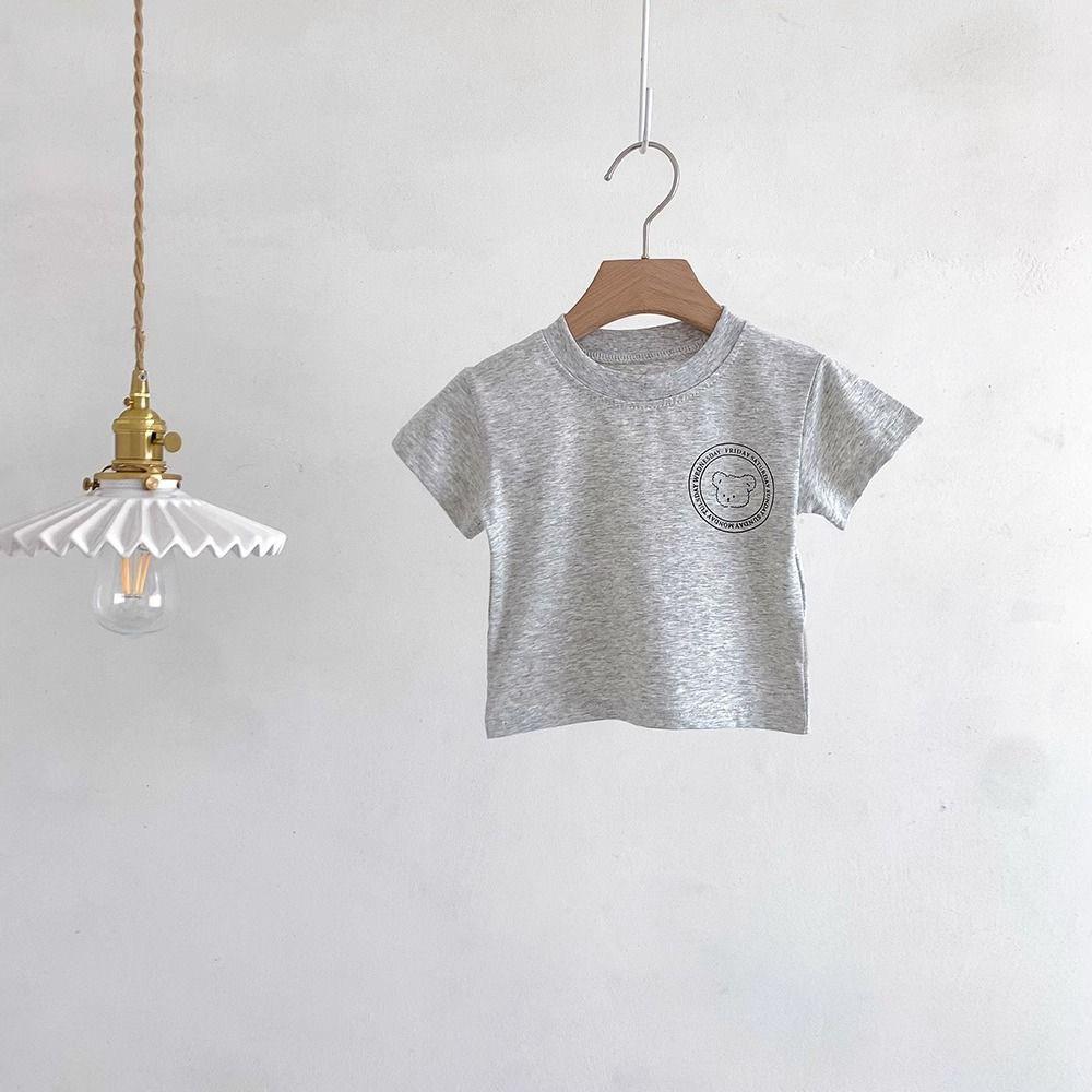 Kids Cute Round Bear Print Crew Neck Short Sleeve T-Shirt, Soft Cotton Basic Toddler Tee Top