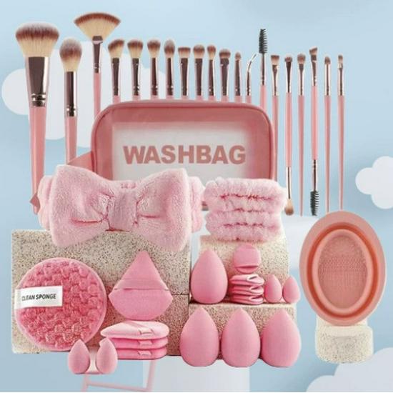 Pink 64-Piece Makeup Brush & Beauty Sponge Set – Complete Eyeshadow & Powder Tools