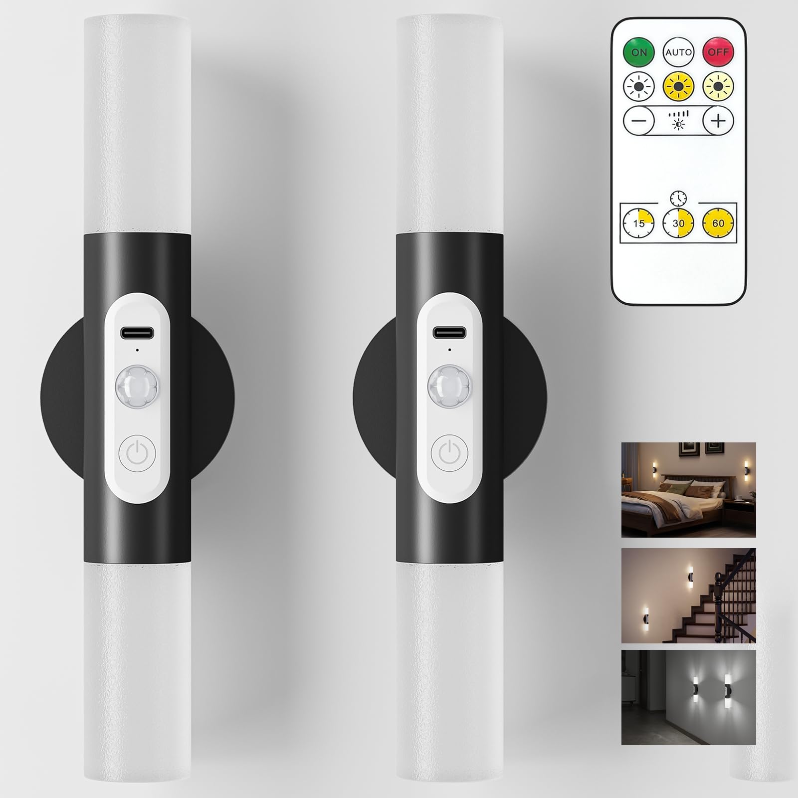 

Motion Sensor LED Wall Lights No Installation Required Remote Control Included Dimmable Color Adjustable Rechargeable 2000mAh Bracket Lights Automatic чорний