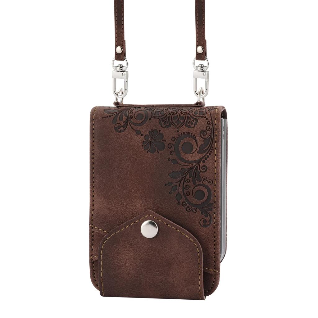 Custodia Borsa a Tracolla con Cordino Portafoglio Slot Carte Fiori Goffrati in Pelle per Samsung Galaxy Z Flip 7 6 5 4 Flip5 Flip4 5G Cover Bag Fundas