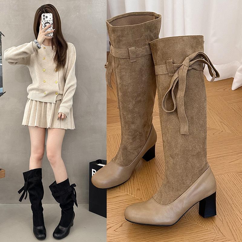 Retro women's boots with skirt fashionable square head new stacked thin boots high heels boots women's autumn black cloth