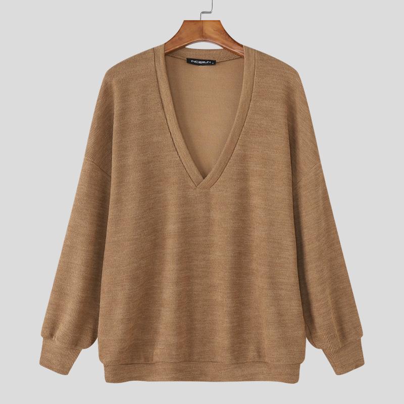 INCERUN Men V Neck Long Sleeve Texture Knitted Casual Pullover Tops