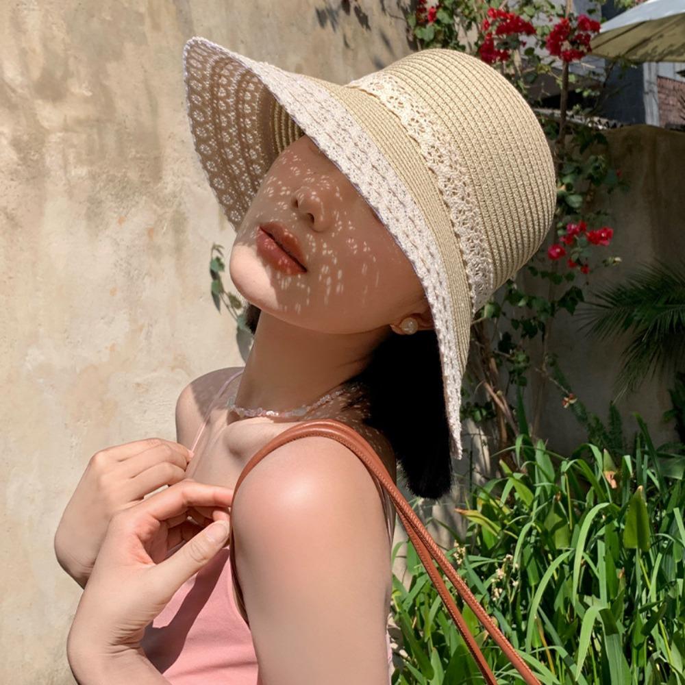 New Lace Bow Straw Hat Foldable Straw Beach Hats Uv Protection Breathable Sunshade Cap Outdoor Vacation Travel