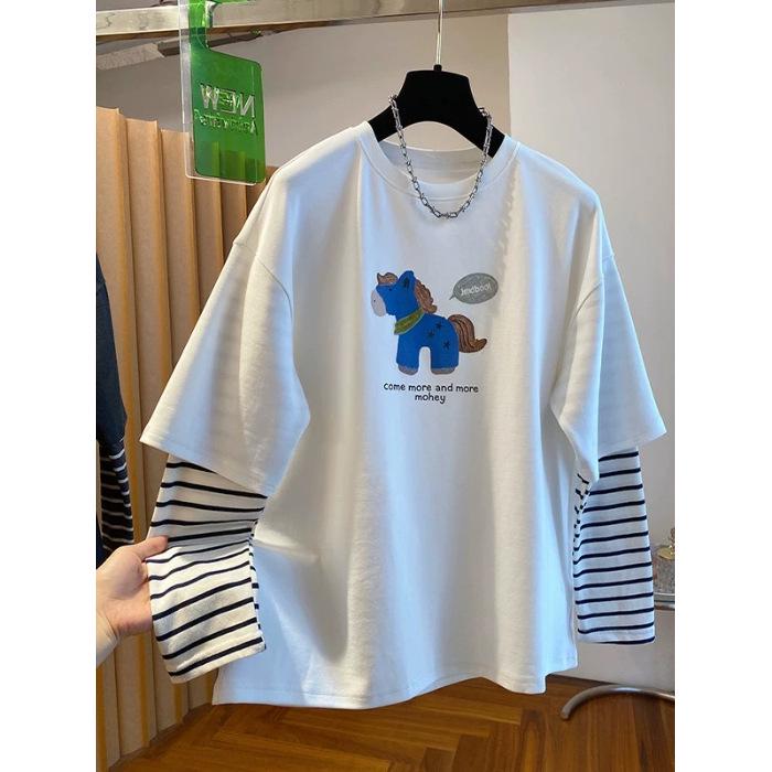 

Pure Cotton XL Long-Sleeve Two-in-One T-Shirt - Women s Cute Horse Design for Early Spring, Bestseller Trendy XL (145-165 Jin) белый