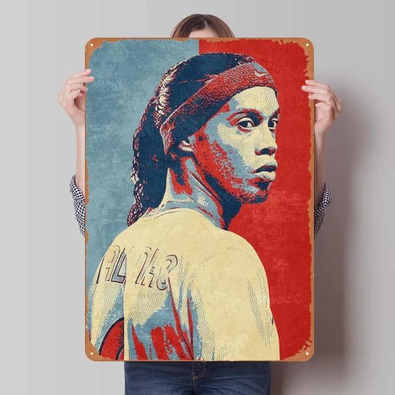 Ronaldinho Sign Sportposter Metall Wandkunst von Wandmalereien Vintage Metall Blechschild Plakette für Wandkunst Dekoration Man Cave Retro Zuhause