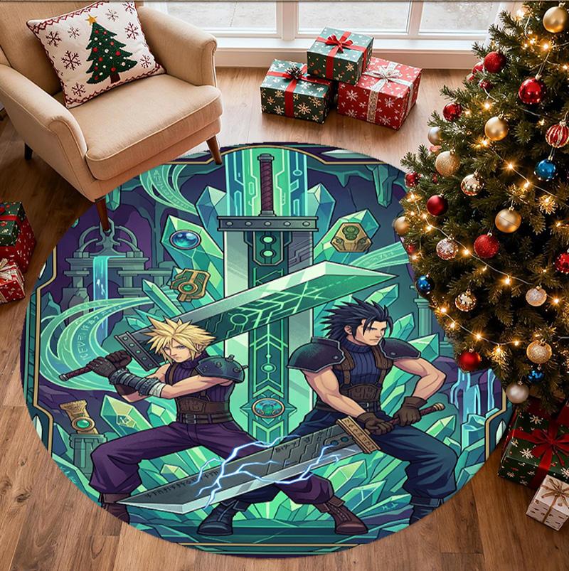 Final Fantasy Pattern Round Rug, Indoor/Outdoor Mat, for Picnic, Gameroom, Bedroom, Office, Living Room, Home Decor Carpet, Birthday Gift