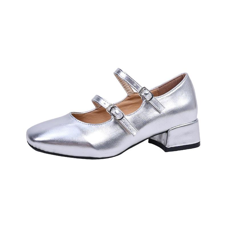 Single shoe women's summer 2025 new square toe Mary Jane small leather shoes silver French shallow mouth with skirt thick heel