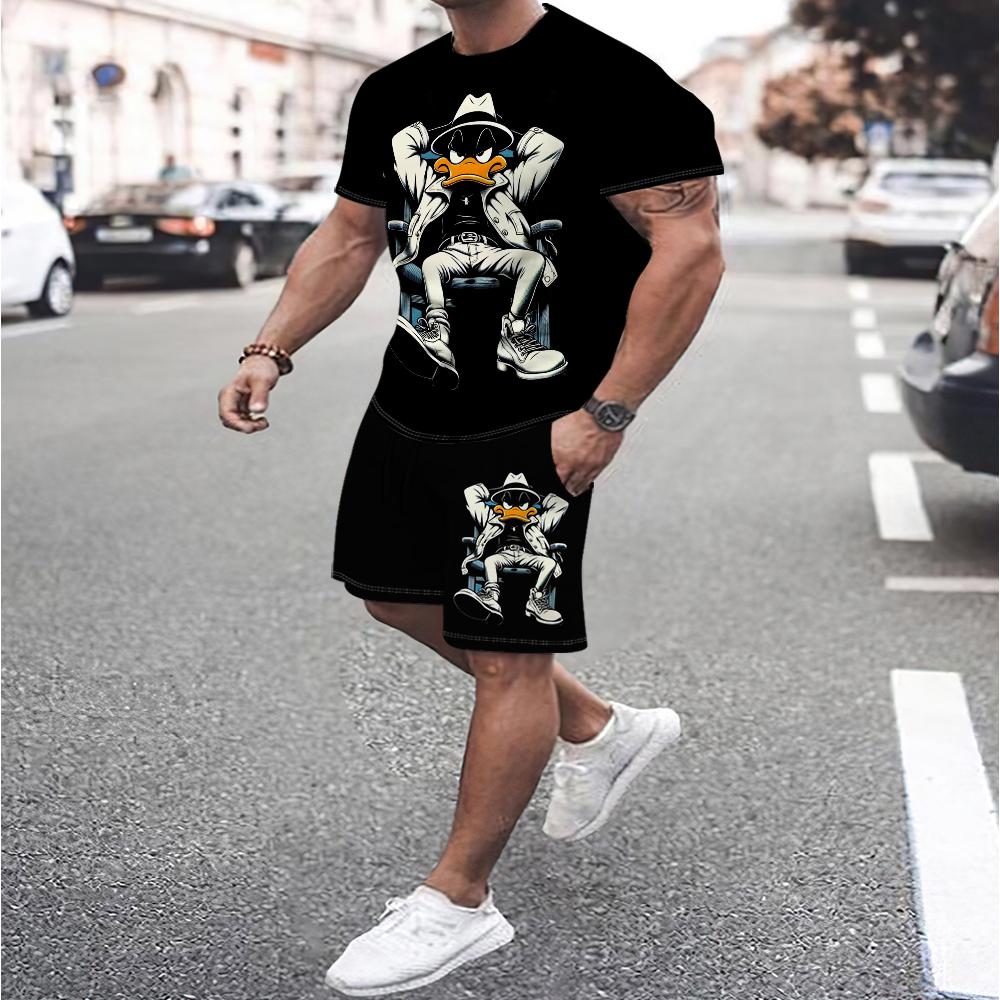 Funny Men's T-shirt Pants Set Cartoon Duck Print Summer Casual Short Sleeve Pullover T-shirts Outdoor Male Overszied Clothing