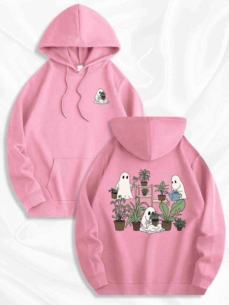 2026 Men Coffee Cute Gardening Ghost Pullover Hoodie, Front‑Back Cartoon Print, Kangaroo Pocket Casual Daily Hooded Top