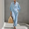 Summer Stand Collar Maxi Dress for Women Half Sleeve Button Up V Neck Long Dress Loose Flowy Beach Sundress with Pockets