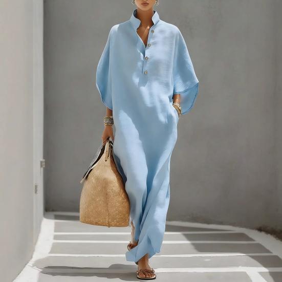 Summer Stand Collar Maxi Dress for Women Half Sleeve Button Up V Neck Long Dress Loose Flowy Beach Sundress with Pockets