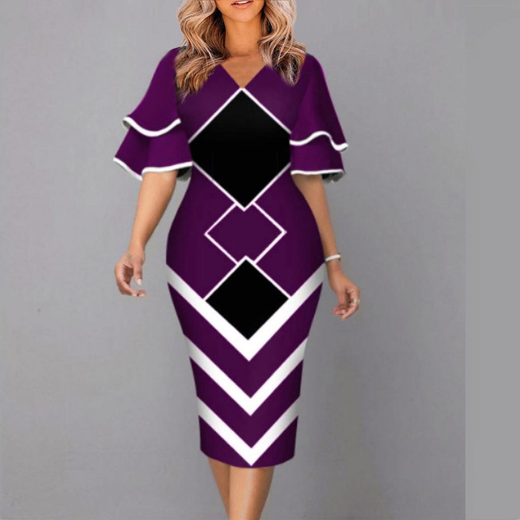 Women's Fashion Casual V-neck Flared Sleeves Large Size Printed Waist Slimming Short-sleeved Dress