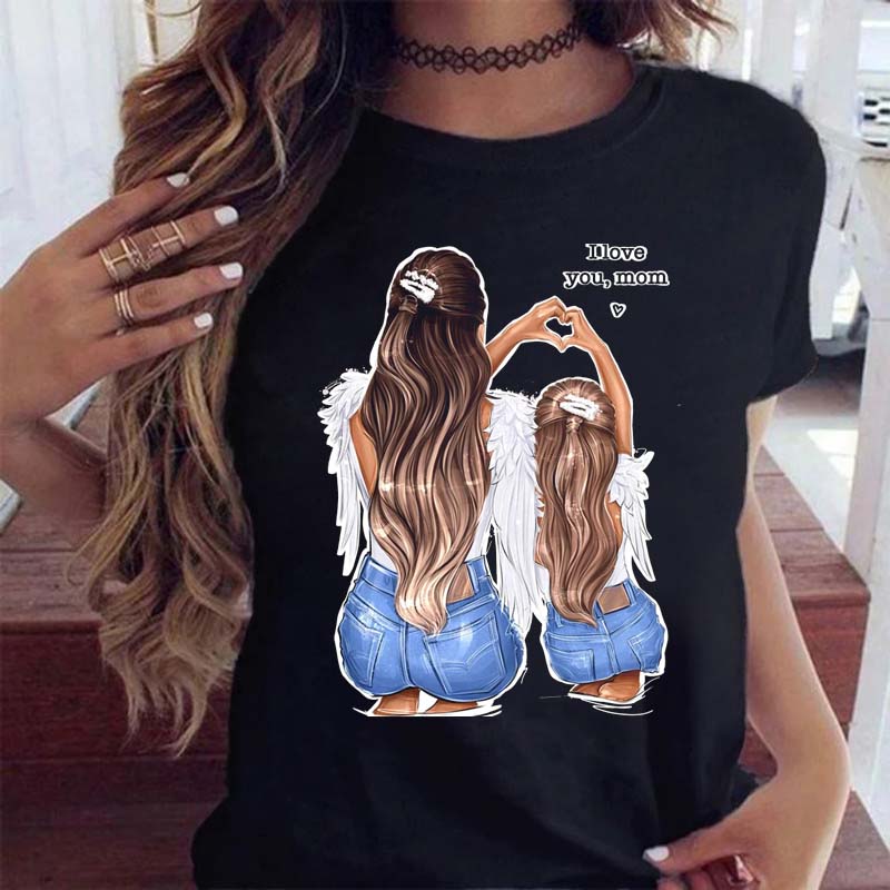 Maycaur Women Cartoon Mom Mother Boy Girl Print Mother Lady T-shirts Casual Top T Shirt Ladies Womens Graphic Female Tee T-Shirt