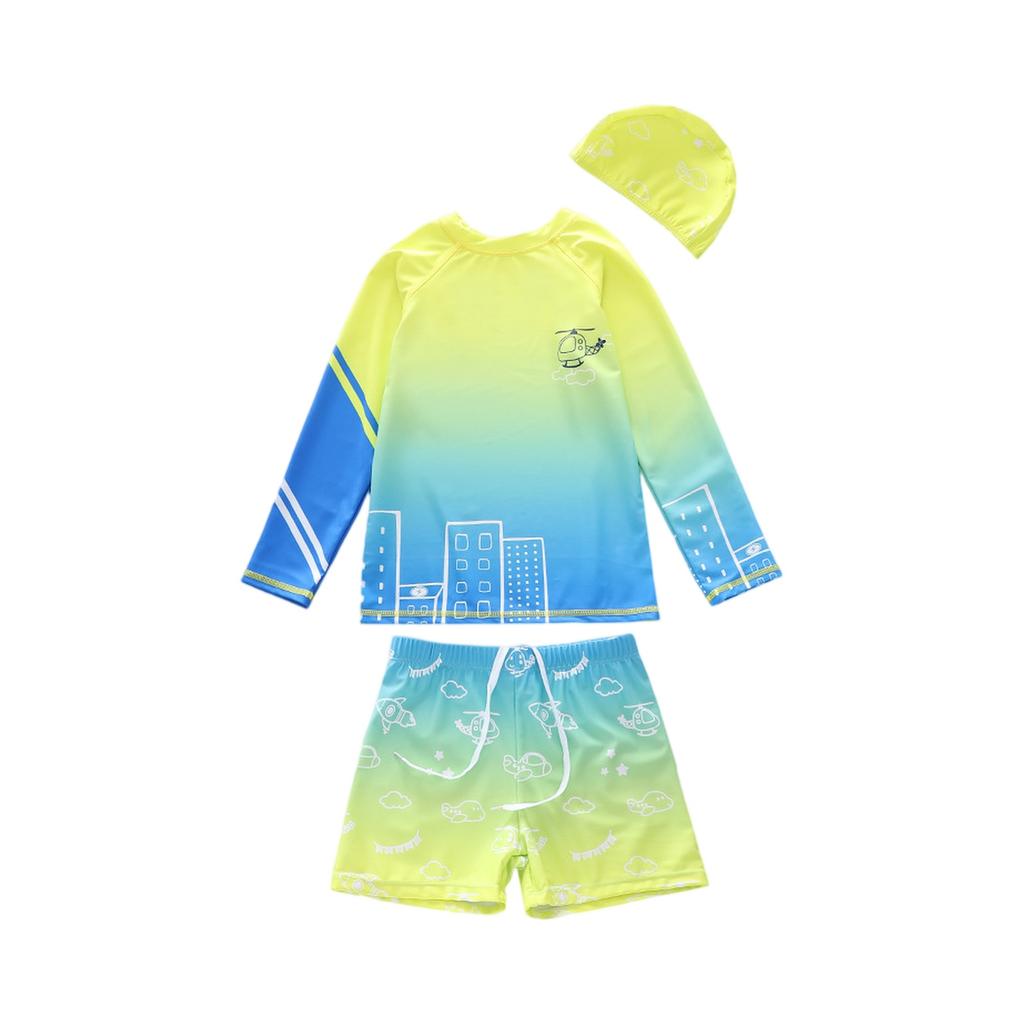 Boys Three Piece Swimwear Set Long Sleeve Rash Guard Swim Shirt Swim Shorts and Swim Cap Cartoon Print Lightweight Quick Dry