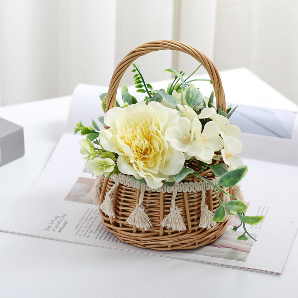 Hand Woven Wicker Basket Rattan Flower Basket for Festival Wedding Party 13x13x23cm Yellow