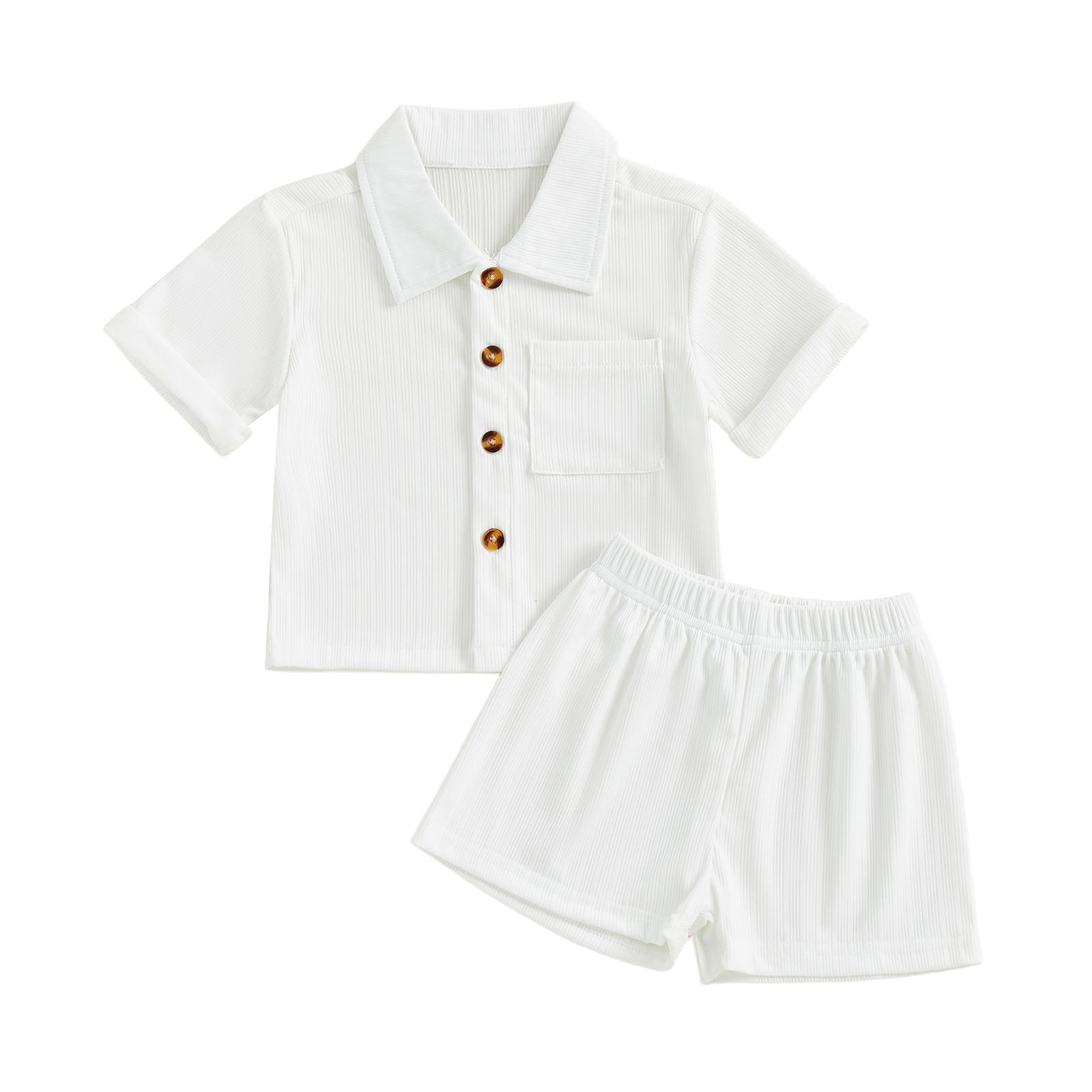 

Casual Toddler Baby Boys 2 Piece Outfits Summer Short Sleeve Turn Down Collar Solid Color Tops and Shorts Set 12-18M белый
