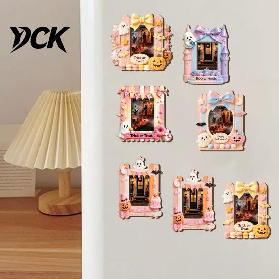 Decorative Magnetic Frame Halloween Photo Refrigerator Magnet, Ghost Pumpkin Picture Display Holder, Wooden for Holiday Party Kitchen Themed