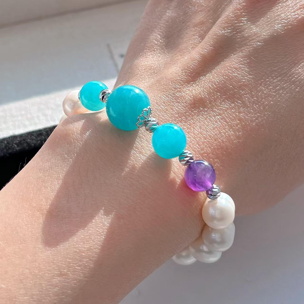 Vintage Natural Freshwater Pearl Tianhe Stone Amethyst Bracelet, Basic Commuter Bracelet.