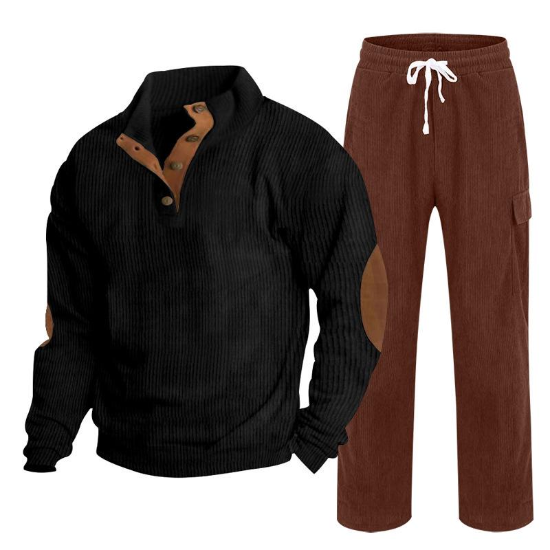 Herren Herbst/Winter Neuankömmling Sportbekleidung Zweiteiliges Set Cord Knopfleiste Henley Oberteil und Straight-Leg Hose Lässiges Ensemble