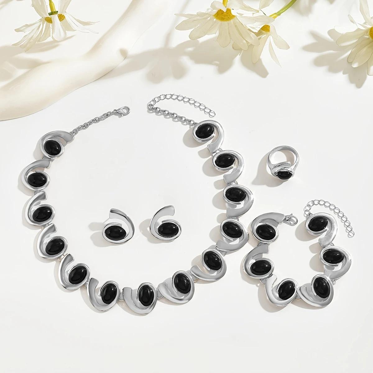 4 шт./комплект Серебряный женский модный простой комплект из ожерелья, сережек, браслета и кольца белый