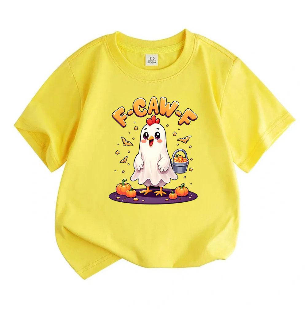 Kids Boys Girls 100% Cotton Short Sleeve Crew Neck T-Shirt, Funny F-Caw-F Ghost Chicken Cartoon Print Halloween Casual Tee with Pumpkin Trick Treat Pa