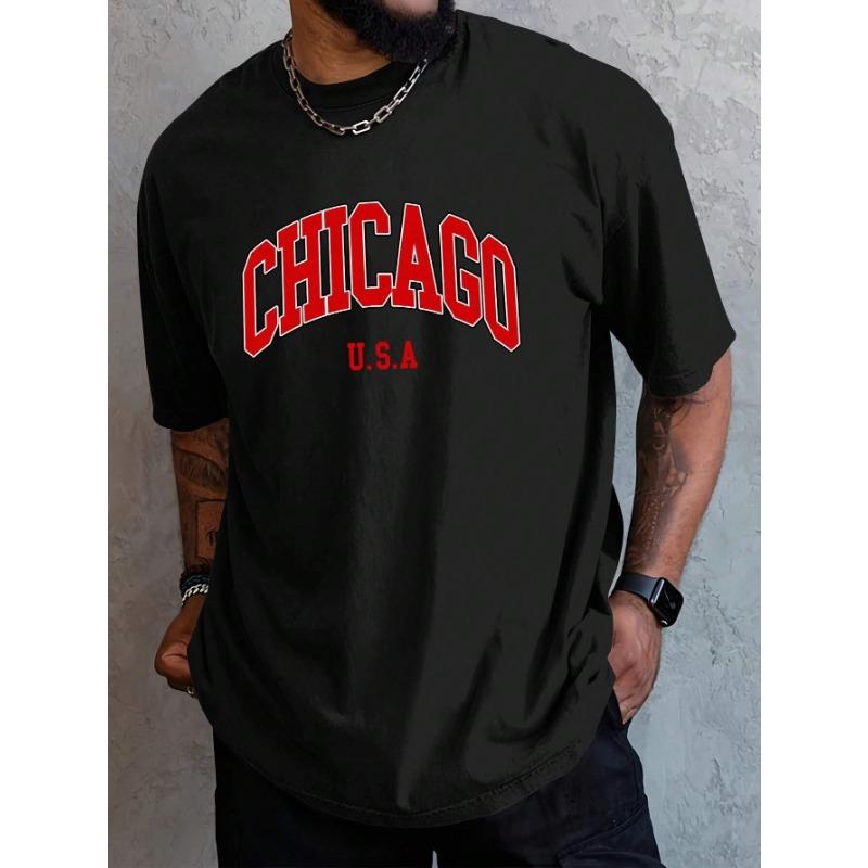 Men's Summer CHICAGO Letter Printed Casual Cotton T-Shirt Fashion Round Neck Short Sleeve Loose Large Couple Street T-shirt