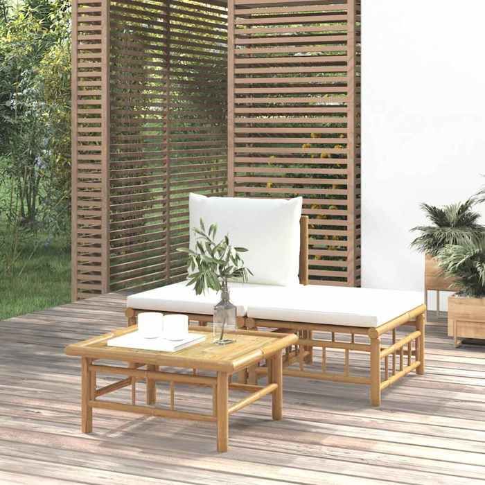 VidaXL Salon de jardin 3 pcs avec coussins blanc crème bambou, ensemble de salon, ensemble de salon extérieur, ensemble de 362297