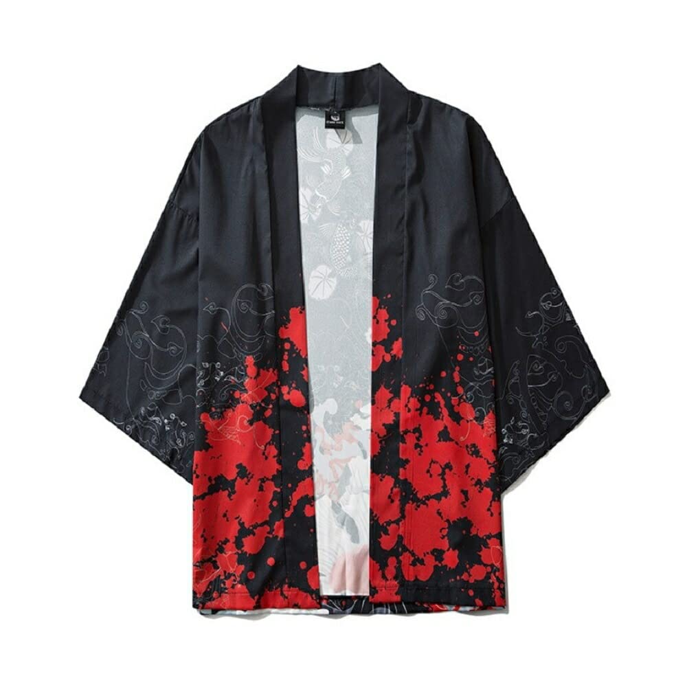 Happi Coat with Rising Carp and Flower for Summer Long Festival Costume [AiO JAPAN] Design, Black, Festivals, Temples, Shrines, Haori, Hanten, Hanten,