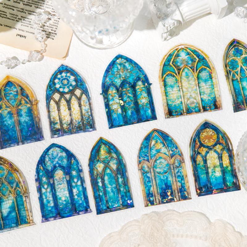 6 style 20pcs Colorful Glass Flower Window Theme Hot Stamping PET Sticker DIY Handmade Materials Scrapbook Background Decoration